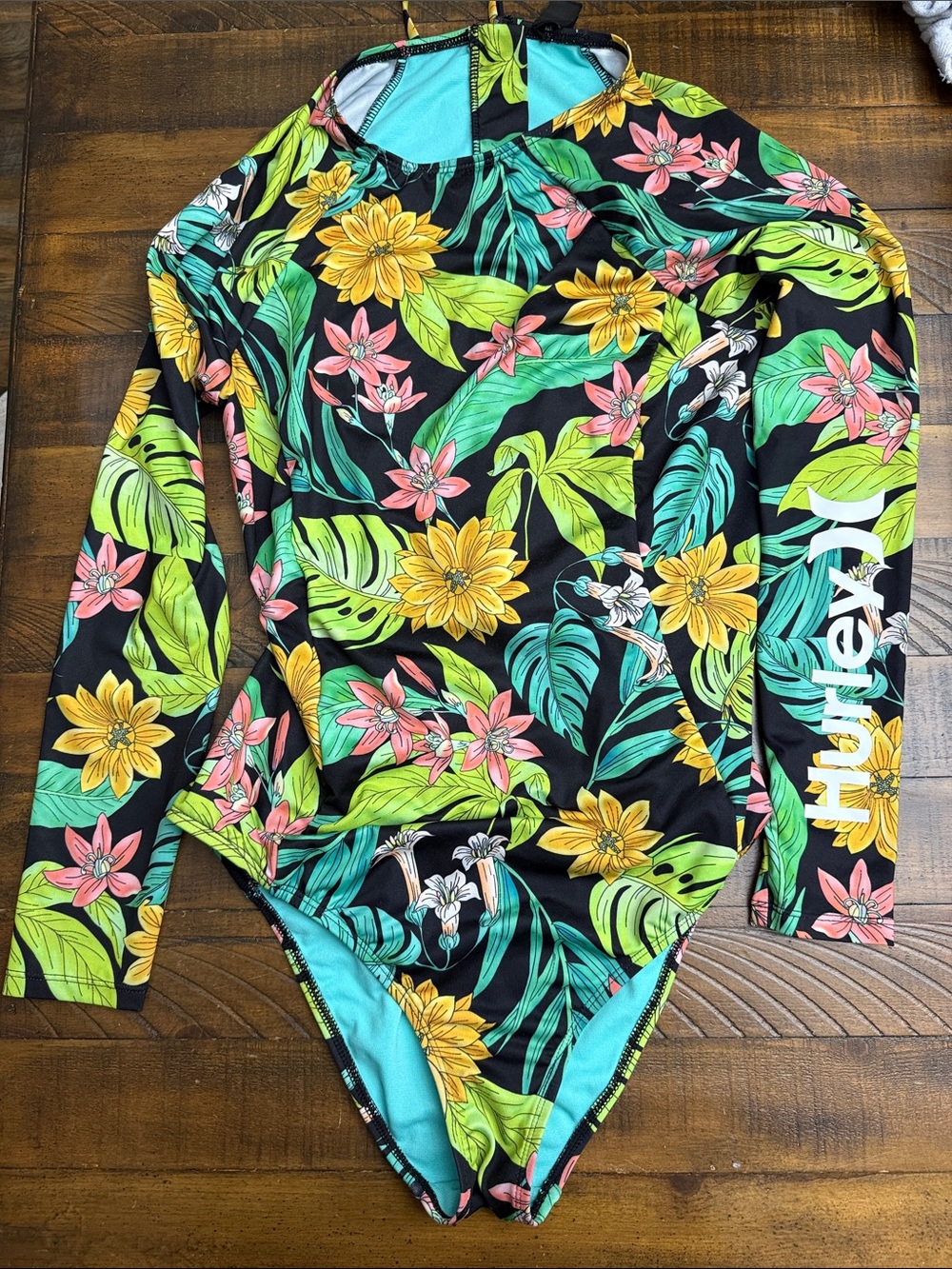 Hurley Long Sleeved Surf Suit Black with Yellow & Pink Tropical Floral Print